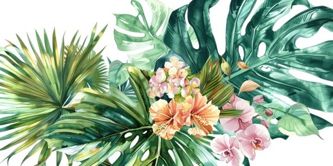 Vibrant painting of tropical foliage on a white background. Ideal for tropical-themed designs