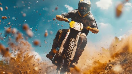 A man riding a dirt bike on a dirt track. Perfect for sports and outdoor activities