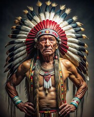 Obraz premium Illustration of a proud American Native Indian family in traditional dress