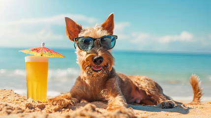 Welsh Terrier Dog on Summer Vacation, Laying on the Beach at Sunset with Sunglasses, Embracing the Summertime Ease