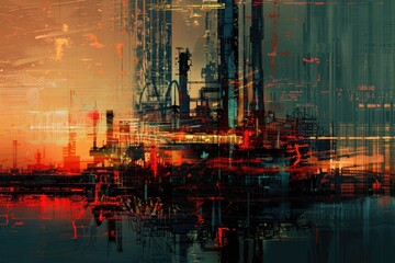 Obraz premium Detailed oil painting of a large oil refinery, perfect for industrial concepts