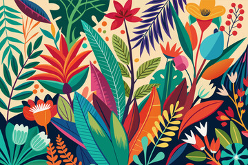 Vibrant botanical illustrations in a mid-century modern color palette