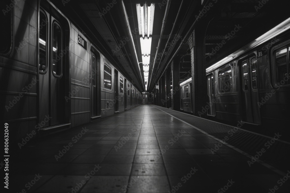 Poster a subway station with a train pulling into the station. suitable for transportation concepts