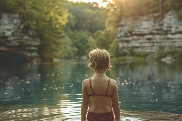 little boy stands at the edge of a lake, surrounded by water, enjoying the outdoors.