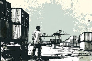 A man standing in front of a group of shipping containers. Ideal for industrial and transportation concepts