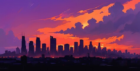 A dramatic and moody sunset in the city, with the skyline silhouetted against a fiery orange and purple sky and the lights of the buildings starting to twinkle on. - Powered by Adobe