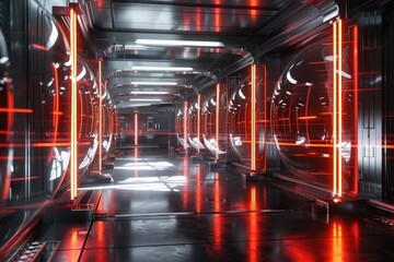 A long hallway with vibrant red neon lights. Perfect for urban-themed designs