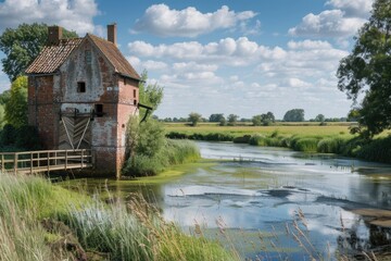 Obraz premium A small brick building next to a tranquil river. Perfect for real estate or travel concepts