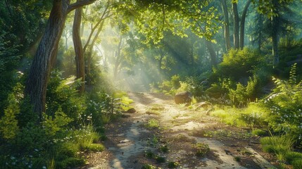A serene forest path dappled with sunlight, evoking a sense of peace and contemplation on Ascension Day. 8k, realistic, full ultra HD, high resolution, cinematic photography ar 16:9