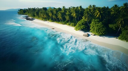 Panorama of beautiful tropical beach with palm trees and white sand.