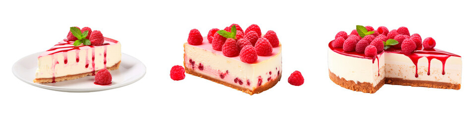 Collection of Raspberry White Chocolate Cheesecake isolated on transparent png background. Generative ai