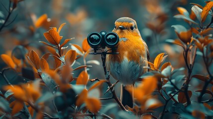 Bird watching in a serene forest, close-up on a pair of binoculars focusing on a rare species, nature's beauty