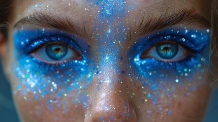 A woman with blue glitter makeup and a white dress, AI