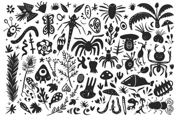 Detailed black and white drawing of various animals and plants. Perfect for educational materials or nature-themed designs