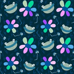 Fototapeta premium Cartoon doodle animals seamless frogs and flower pattern for fabrics and wrapping paper and summer party accessories
