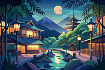 The serene beauty of Kyotos Arashiyama district at night, with bamboo groves and tranquil gardens bathed in soft moonlight