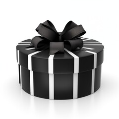 Elegant Black and White Striped Round Gift Box with a Bow on a White Background