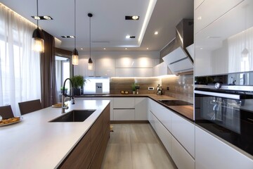 A well-equipped kitchen with a sink, stove, oven, and window. Ideal for home improvement or real estate concepts