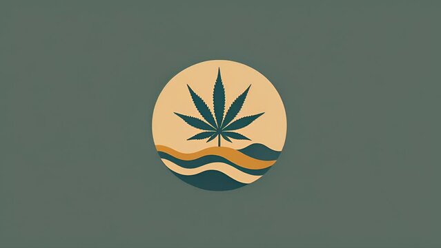 Illustration of a marijuana leaf suspended over ocean waves in a circular frame. Logo design for New England based cannabis products company.