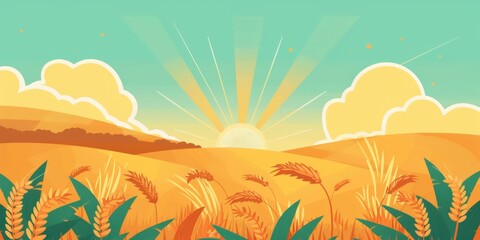 wheat field with sun rays, simple shapes Generative AI