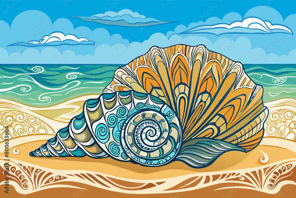 Poster The intricate patterns of a seashell washed up on the shore
