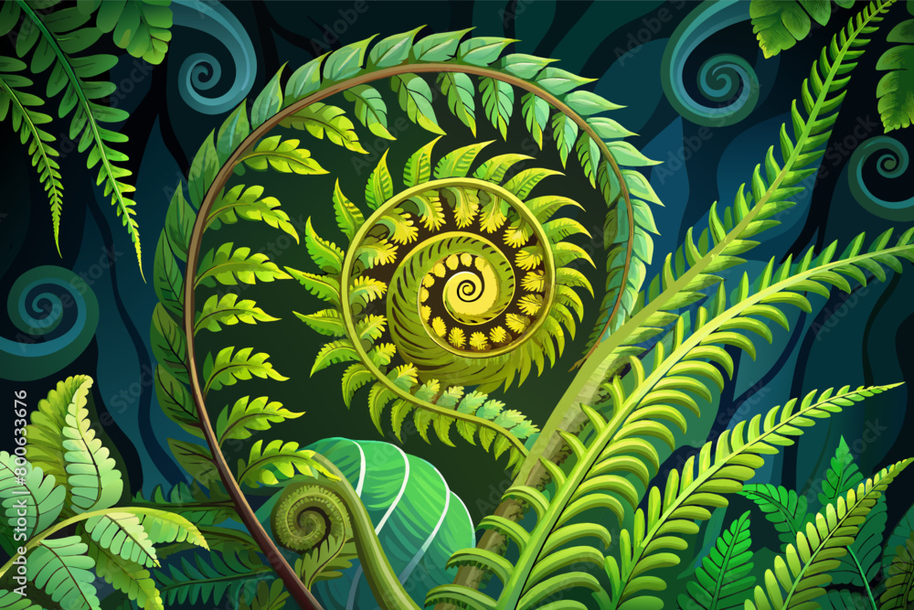 Poster The intricate patterns of a fern unfurling in the sunlight