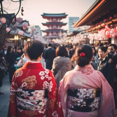 Obraz premium Japanese people wear kimonos to celebrate the New Year at Asakusa Temple.