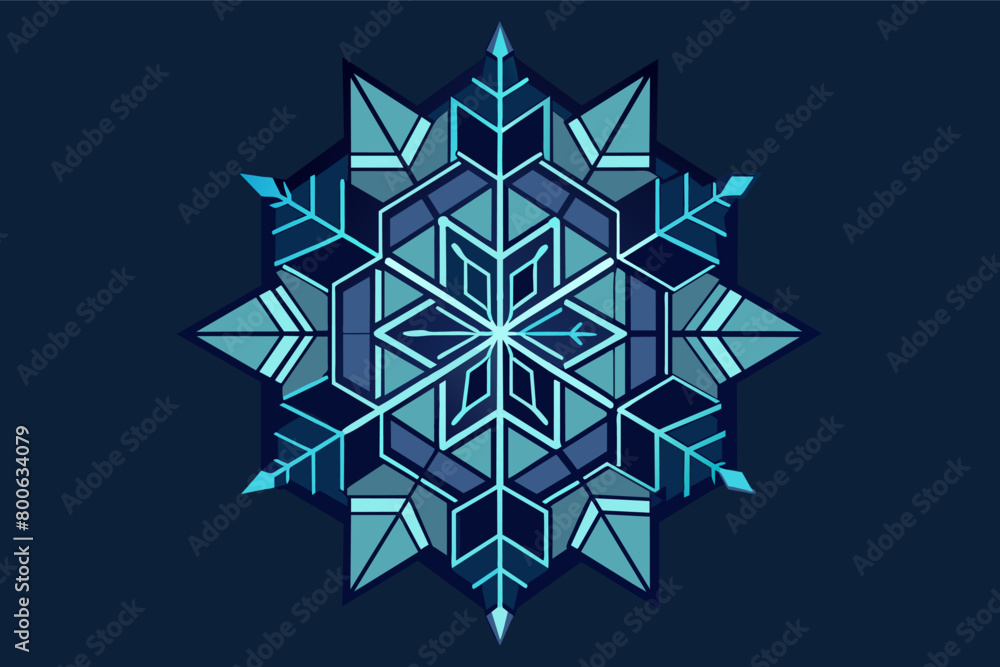 Poster The geometric pattern of a snowflake, with sixfold symmetry and delicate crystalline structures