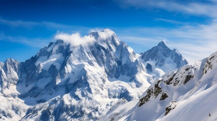 Panoramic view of snow covered mountains and blue sky with clouds