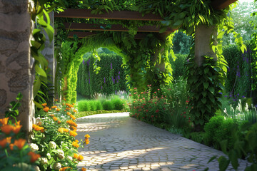 Detailed  rendering of  green garden filled with various plants and flowers. The image showcases a bustling ecosystem of vegetation thriving under the sun