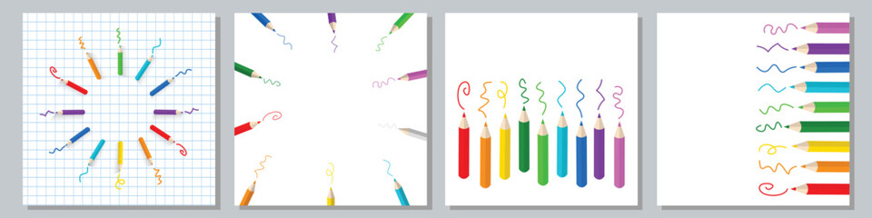 Vector Flat Colored Pencils Designs set. Banners and Frames Template. Set of rainbow vector colored pencils Kids school stationery Doodles drawn by colors. wooden pencils designs. Add your own text.