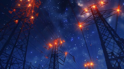 A group of power lines with red lights. Suitable for technology and energy concepts