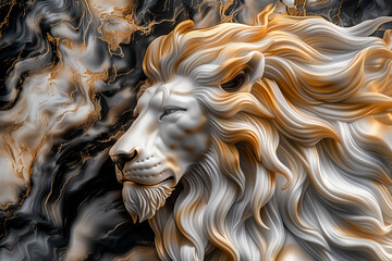 Bas-relief of lion. The lion is depicted in detail,  majestic mane and intense gaze. Show strength and power of the king of beasts. Wall panel decoration. Banner size for triptych