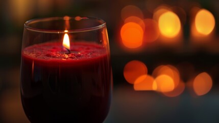 A closeup of a glass filled with a vibrant red juice reflecting the soft glow of candlelight.