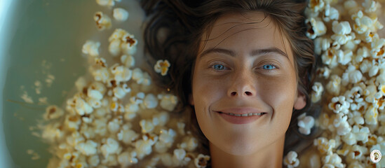 Young woman is seen laying in  popcorn, a smile on his face. Cinema advertising 