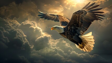 Majestic Eagle in Flight Against a Dramatic Sky, Nature's Beauty Captured. Perfect for Wildlife Enthusiasts and Bird Watching. Serene, Inspiring, Breathtaking. AI