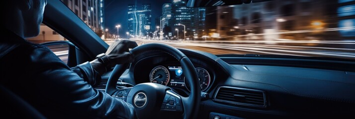 man is seen driving a car in the city at night.