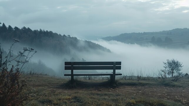 A solitary bench overlooking a misty valley, inviting reflection and introspection on the significance of Ascension Day. 8k, realistic, full ultra HD, high resolution, cinematic photography ar 16:9