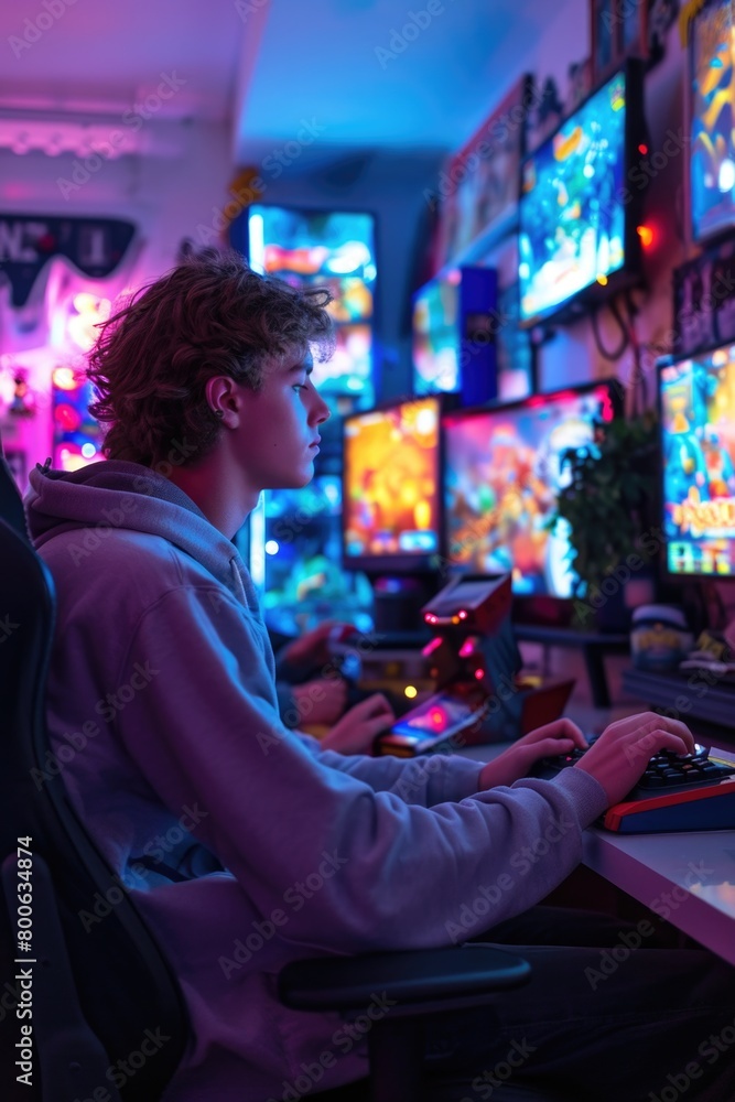 Poster man sits at a desk, focused on a computer screen in front of him, engaged in work.