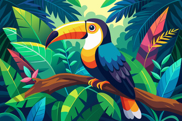 Naklejka premium A colorful toucan resting on a branch in the Amazon rainforest