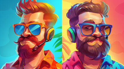 Two men are wearing headphones and sunglasses, casually relaxing or enjoying music. The men seem to be in a laid-back setting, possibly at a summer party or outdoor event