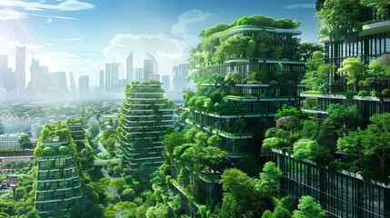 Obraz premium Futuristic city landscape with skyscrapers and lush green trees enveloping the urban environment. The combination of nature and advanced architecture in metropolitan setting. Eco living concept