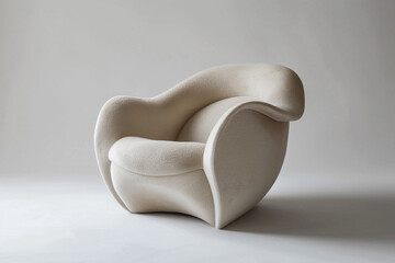 A curved armchair with a sculptural design, set against a solid white backdrop.