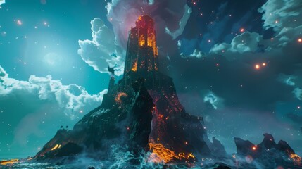 On a remote island in the middle of a turbulent sea a lone tower made of dark volcanic rock stands tall. From its peak a warlock with . . - obrazy, fototapety, plakaty