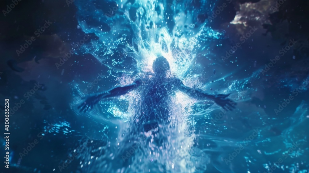 Poster a mystical creature emerging from a pool of shimmering liquid its body glowing with the power of the