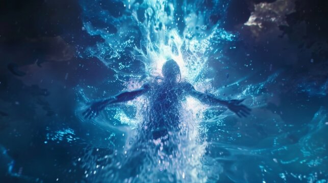 A mystical creature emerging from a pool of shimmering liquid its body glowing with the power of the universal solvent formula it . .