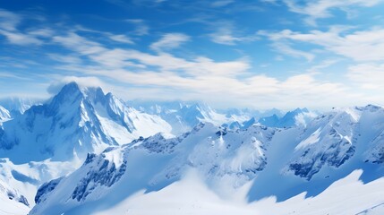 Beautiful panoramic view of the snowy mountains and blue sky