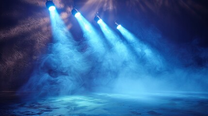 A group of three blue lights shining on a stage, AI