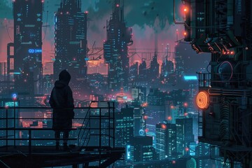 Person standing on ledge, overlooking city at night. Suitable for urban and travel themes