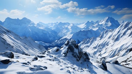 Panoramic view of snowy mountains. Caucasus Mountains. Russia.